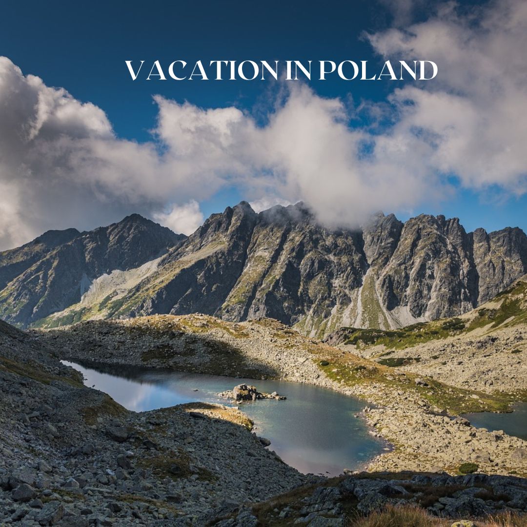 Tatra mountains and the lake. "Vacation in Poland" caption in the upper part
