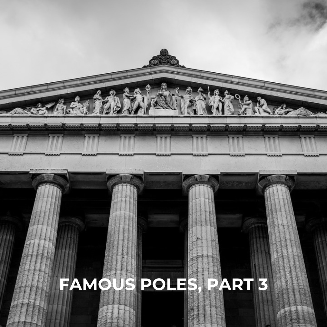 Grey columnade. "Famous Poles, part 3" caption in the lower part