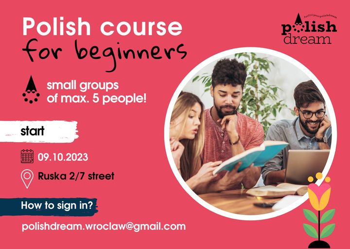 Polish language course in Wroclaw offer. White text on the red background