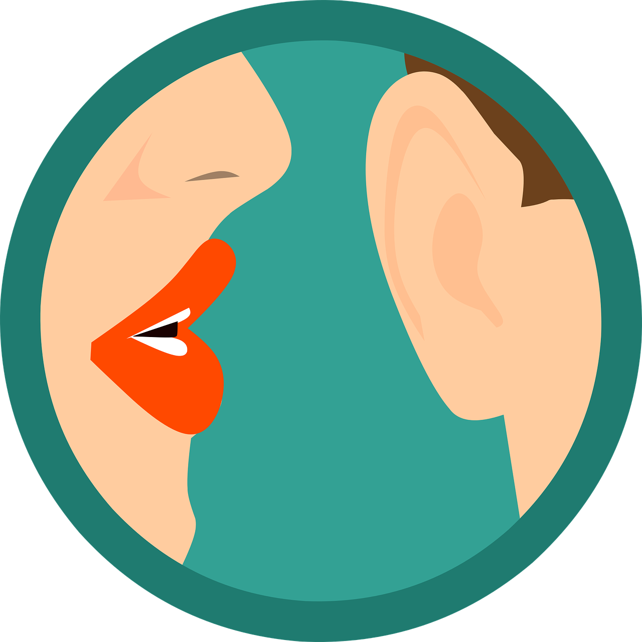 A woman whispering in man's ear. Green background. Context: Polish language course in Wroclaw