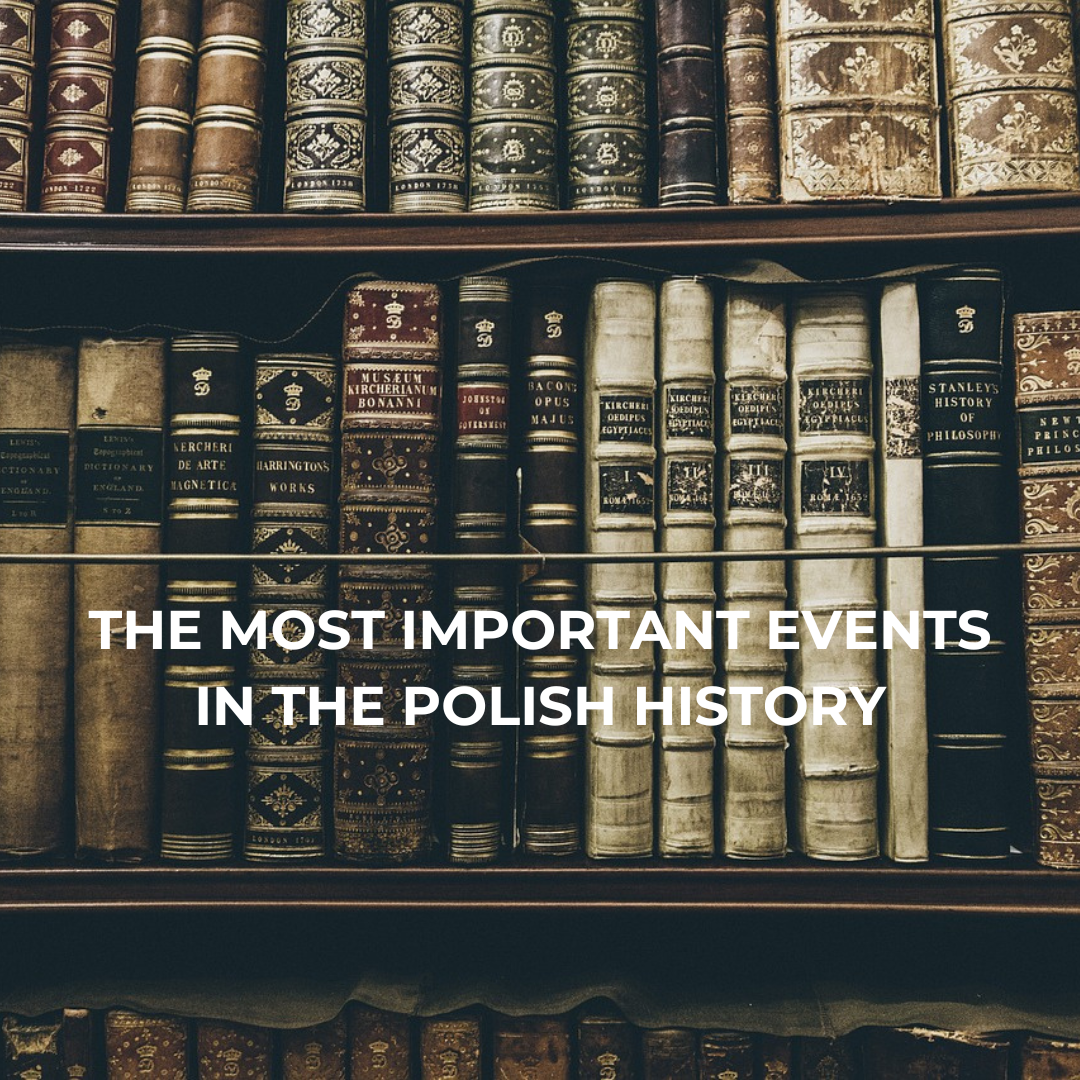 A three shelves of the old books. "The most important events in the Polish history" caption in the middle